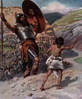 God, through David, defeats the giant Goliath (artist's conception).