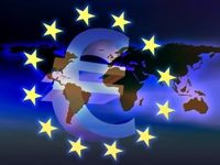 Euro symbol and the 12 stars of the EU flag over a map of the world