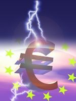 Graphic of euro symbol being hit by lightning, representing the economic crisis.