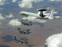 NATO aerial exercise with AWACS and F-16s (public domain photo from Wikimedia Commons)