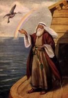 Noah on the ark during the Flood. The rainbow as a reminder of God's covenant of peace.