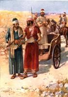 Artist's conception of Philip and the Ethiopian eunuch reading the scroll of Isaiah.