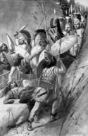 Spartans battling the Persians at Thermopylae.
