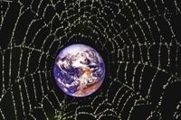 Earth trapped in a spider's web, illustrating humanity's tangled web of lies.