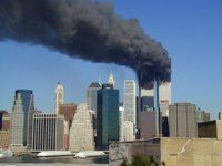 September 11, 2001, World Trade Center towers burning, photo by Michael Foran, Wikimedia Commons