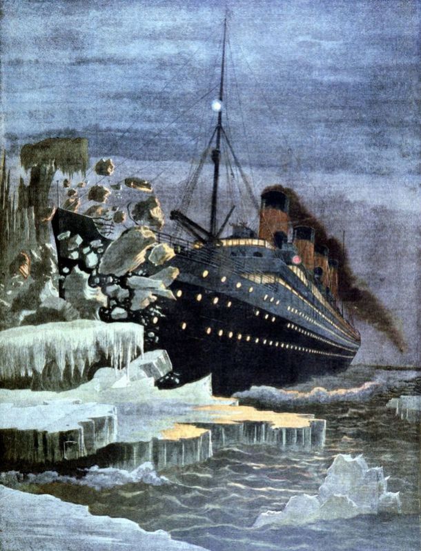 Illustration of the Titanic running into an iceberg April 14, 1912